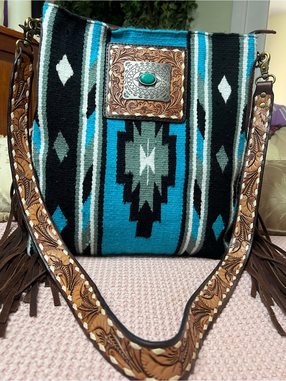 NWT American Darling Tooled Leather Saddle Blanket Crossbody Bag Turquoise